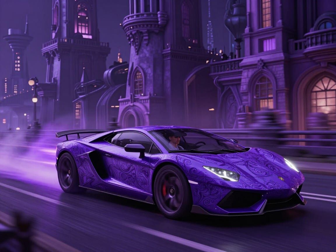 Baroque Sports Car in Fantastical Cityscape Night Drive