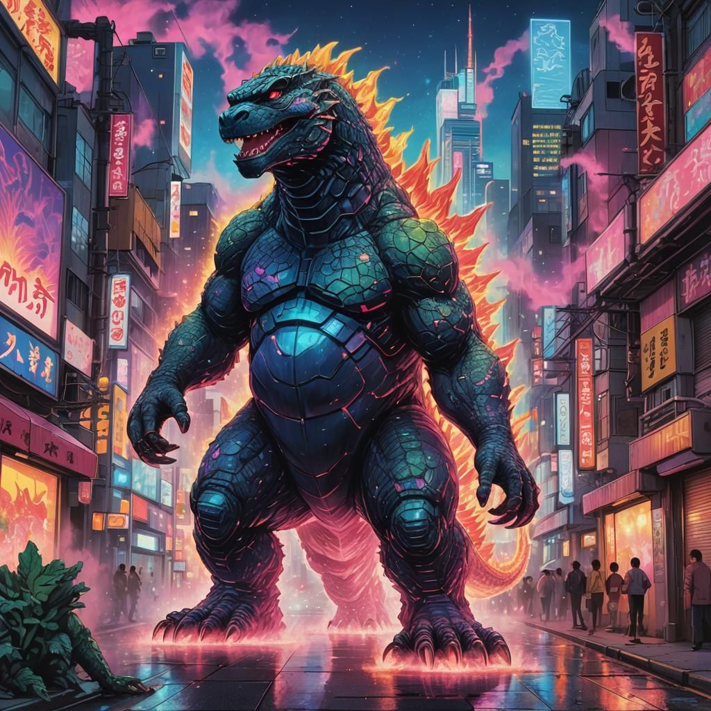 Godzilla in Tokyo: A Cosmic Neon Illustration