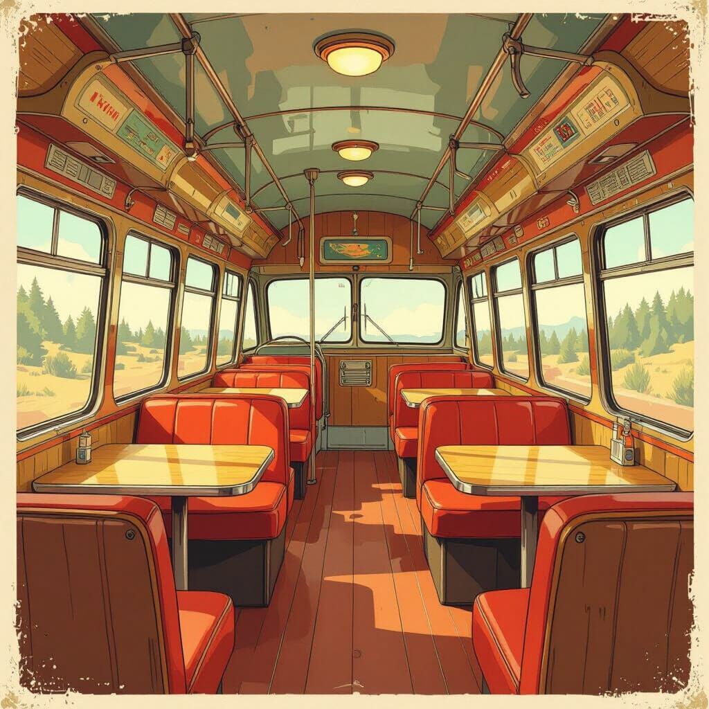 Vintage Bus Interior in Futuristic Rustic Style