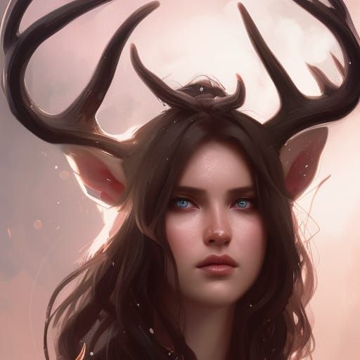 Elf with Deer Horns Portrait, Detailed Digital Art