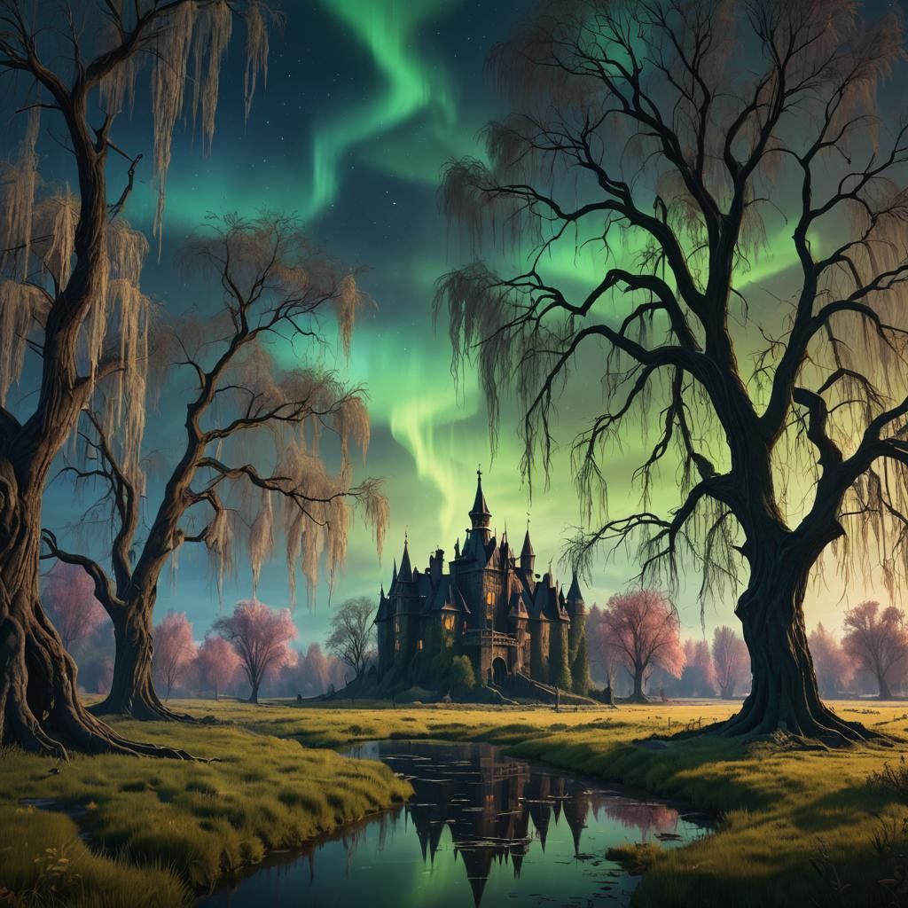 Haunted Meadow with Aurora Borealis and Castle