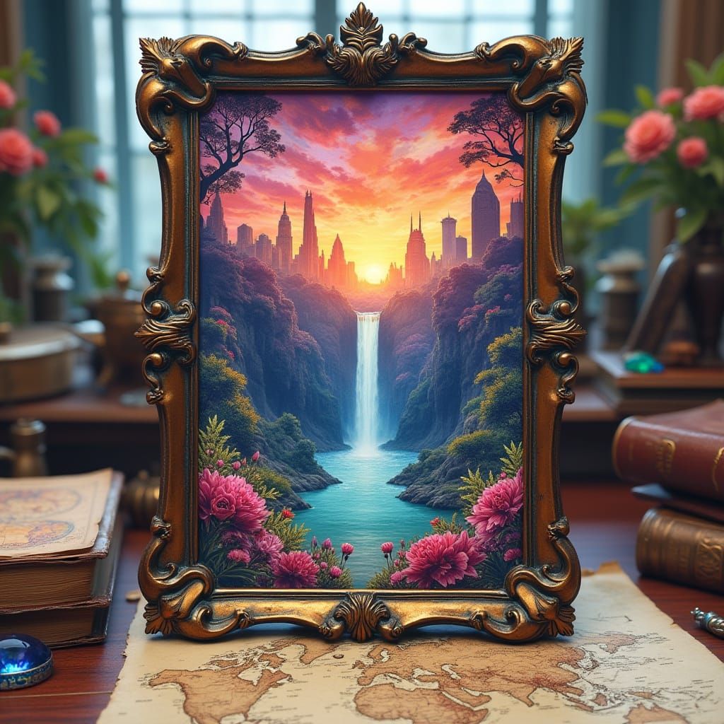 Psychedelic Alien Landscape with Waterfall and Flower Garden