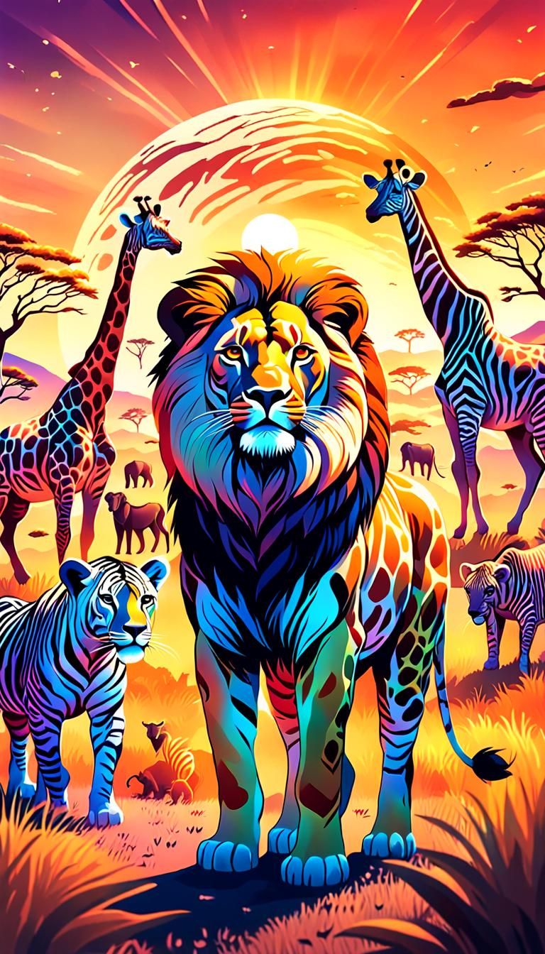 Savanna Wildlife in Astral Harmony: Dreamlike Illustration