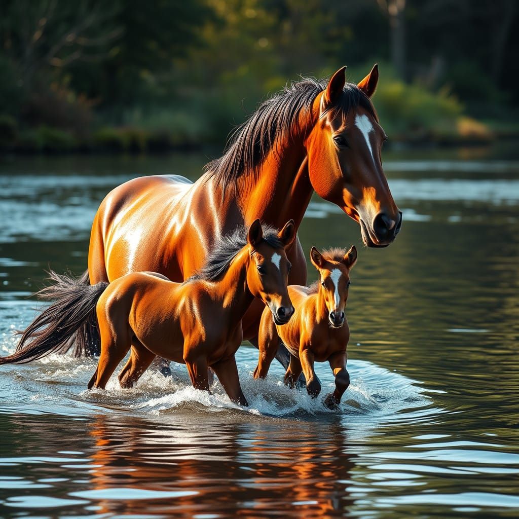 Regal Horse and Foal in Serene River Landscape
