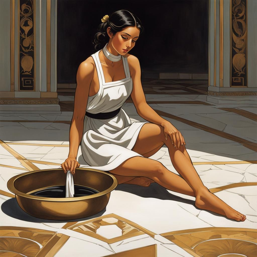 Maid Washing Floor in Moebius Style