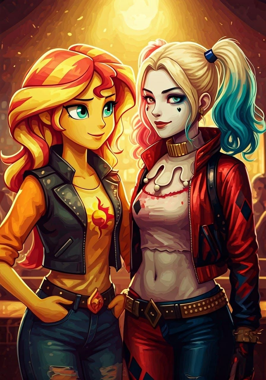 Sunset Shimmer and Harley Quinn in Vibrant Bar Scene