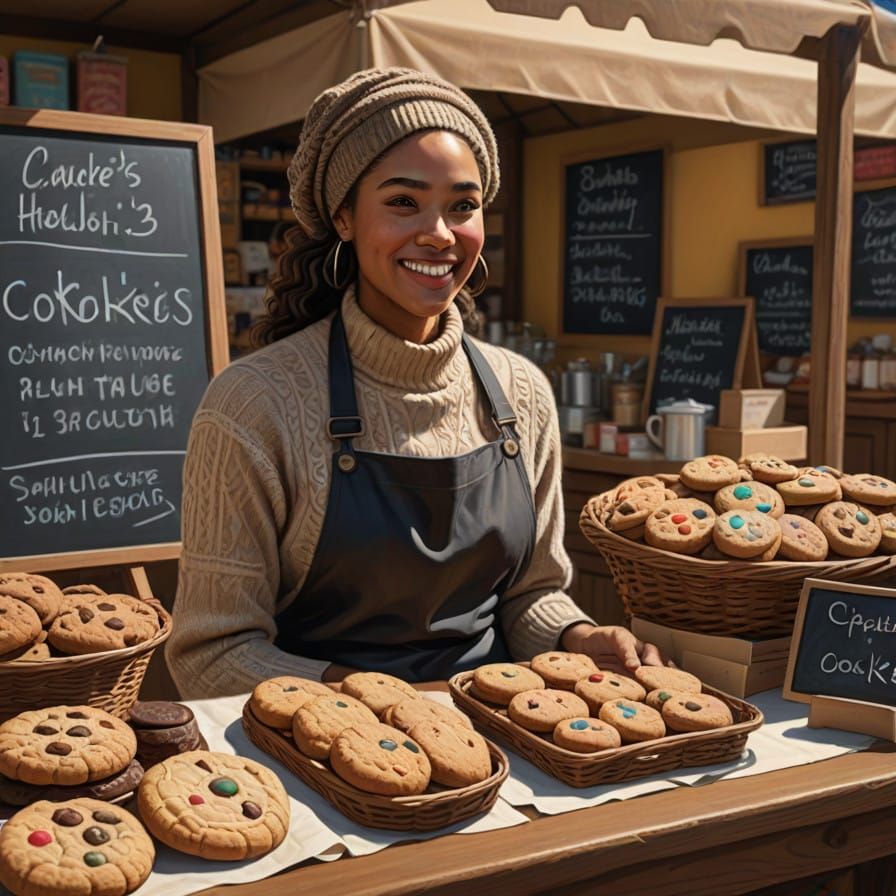 Warm Winter Cookie Vendor in Vibrant Hyperrealistic Style