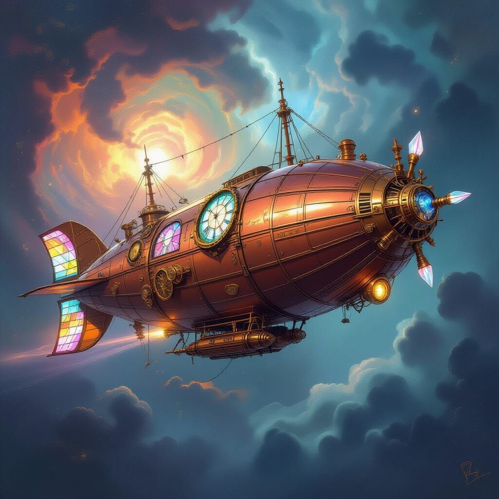 Steampunk Airship Soaring Through Nebula: Vivid Colors