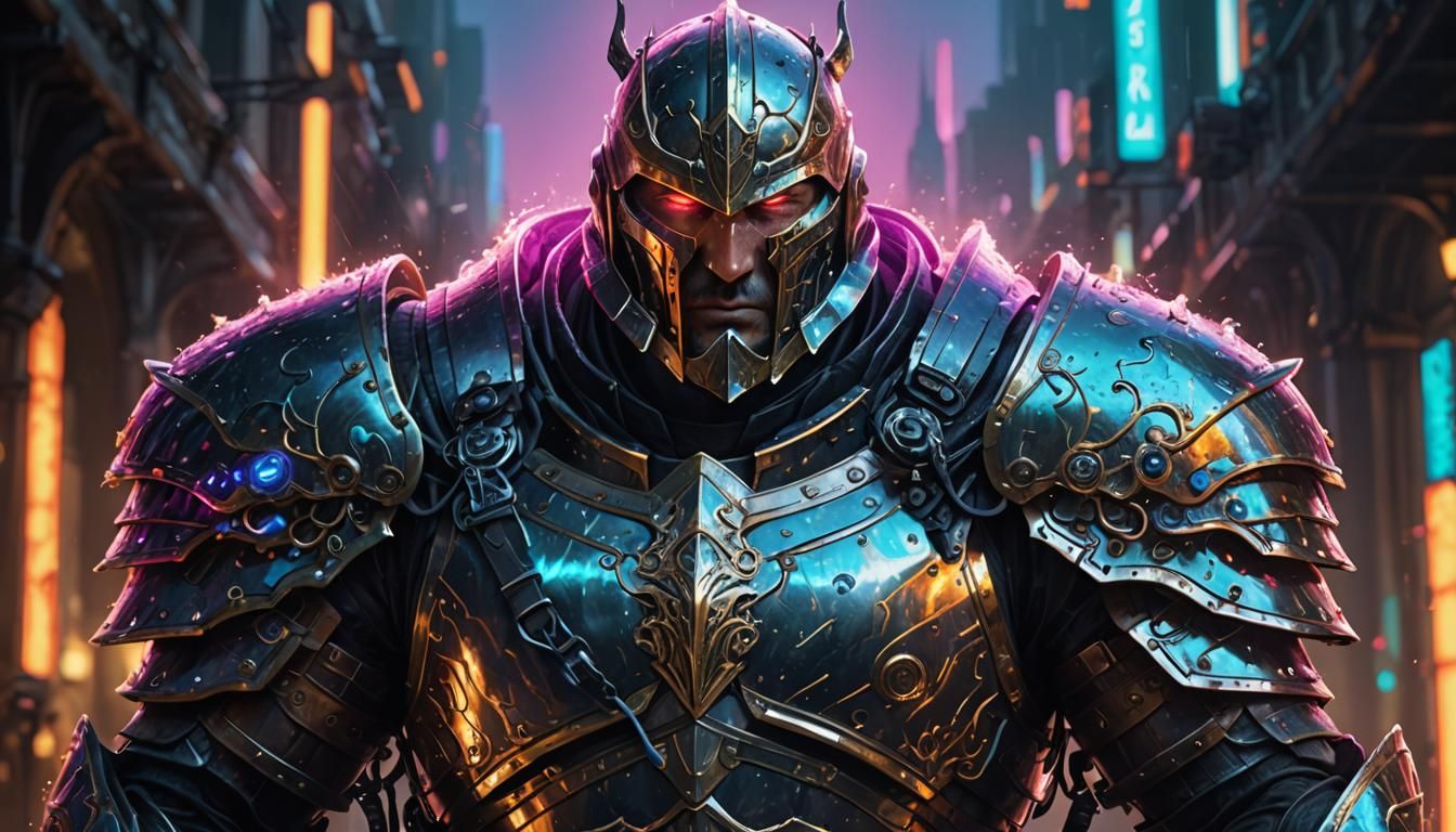 Titan Warrior Knight with Neon Armor, Cyberpunk Art