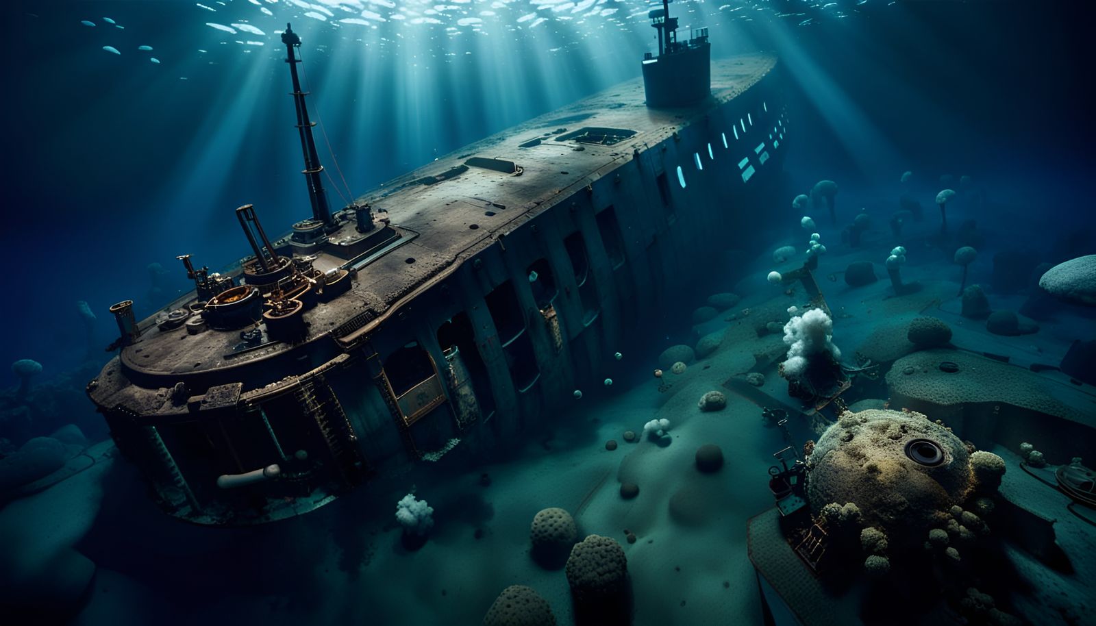 Titanic Wreckage with Titan Submersible, Realistic Lighting