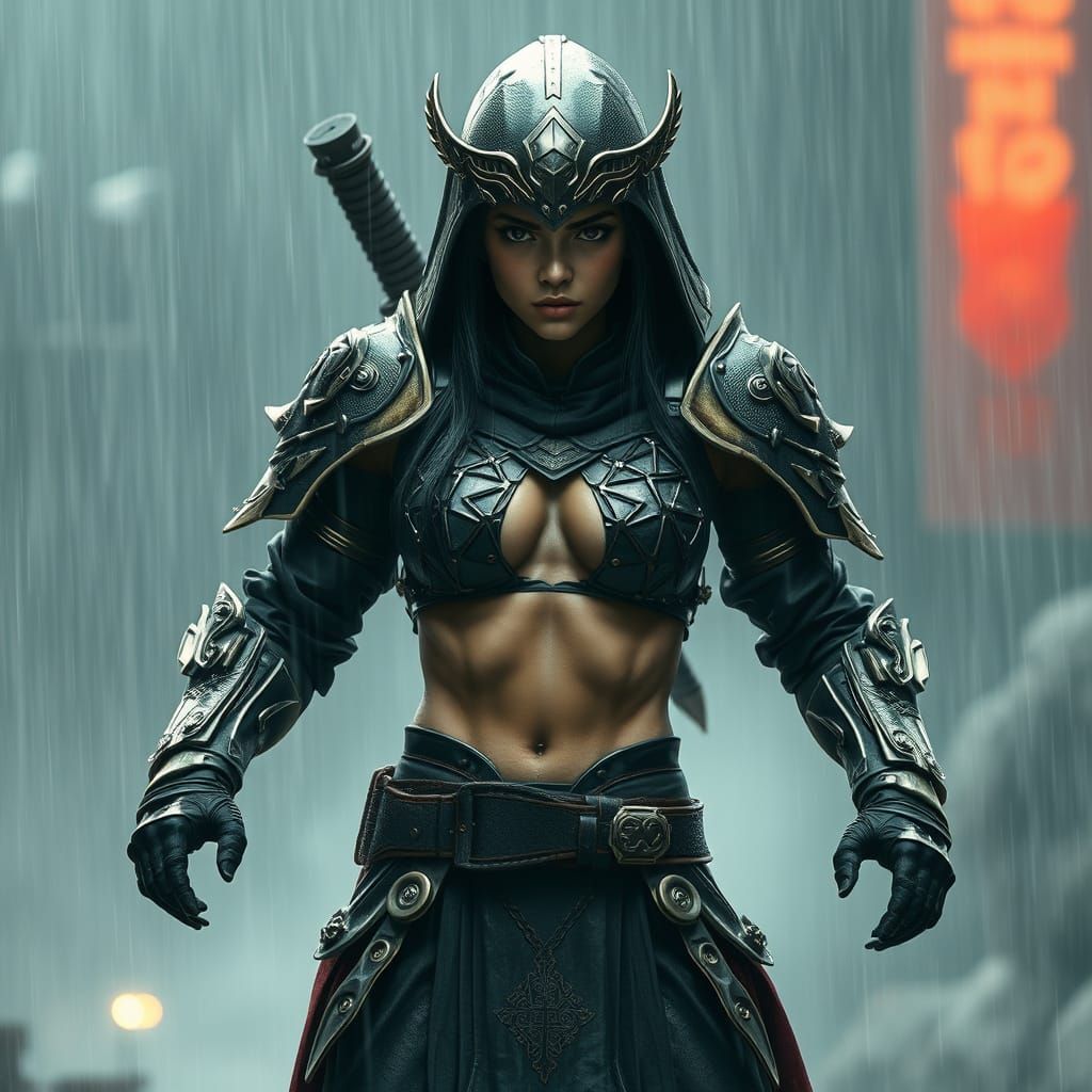 Futuristic Ninja in Rain, Hyperrealistic Digital Art