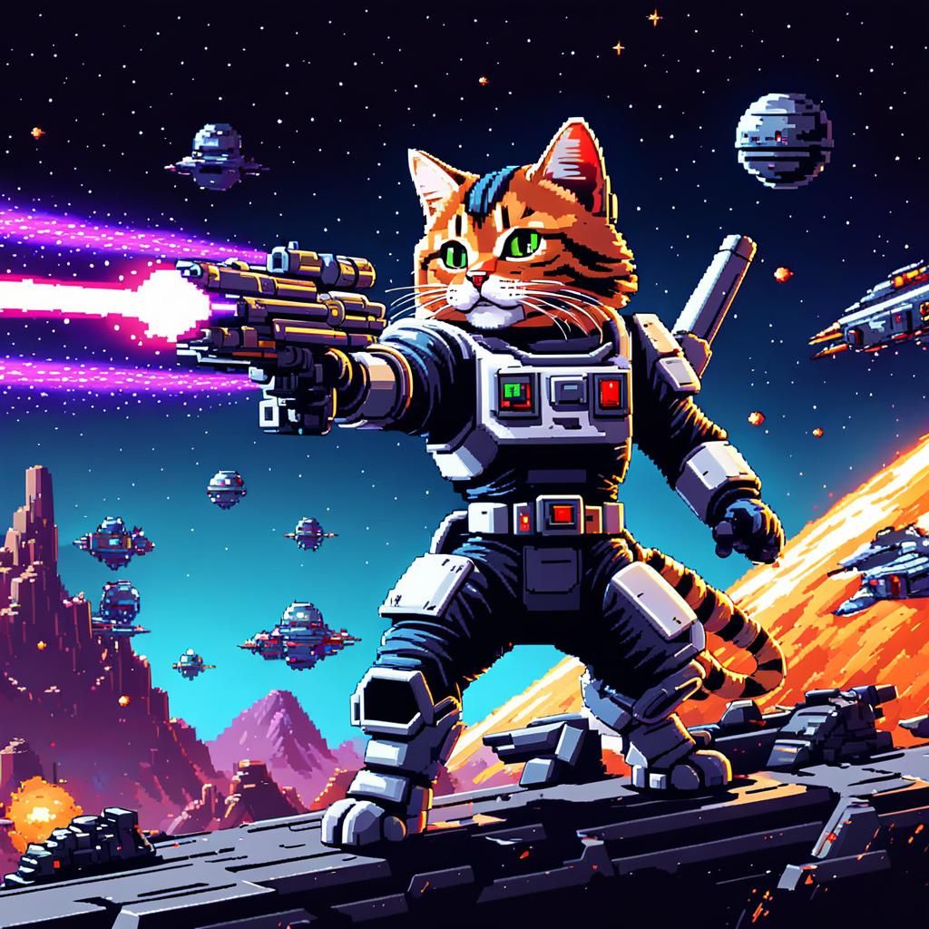 8-Bit Space Cat Pixel Art Video Game Scene