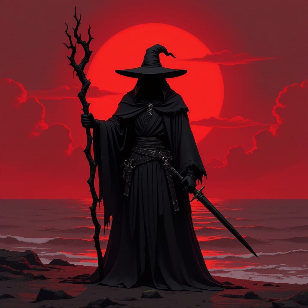 Ominous Sorcerer Silhouette at Sunset: Dark Fantasy Art