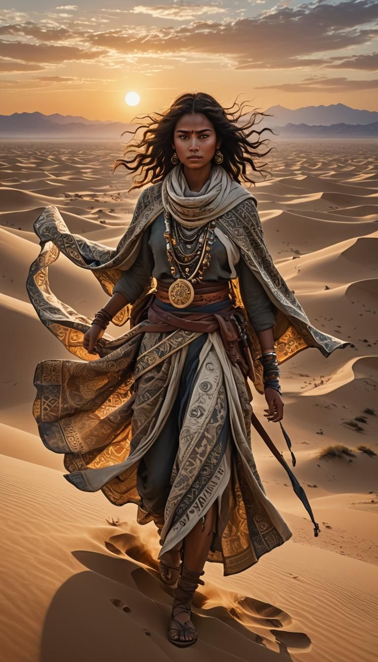 Nomadic Warrior in Desert Sunset