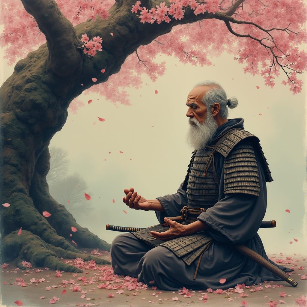 Elderly Samurai Meditating Under Cherry Blossoms