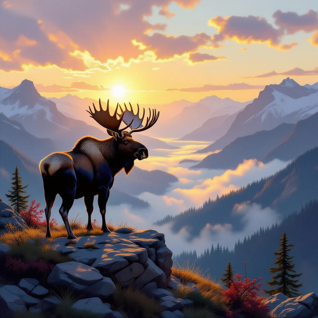 Majestic Bull Moose Overlooking Misty Valley
