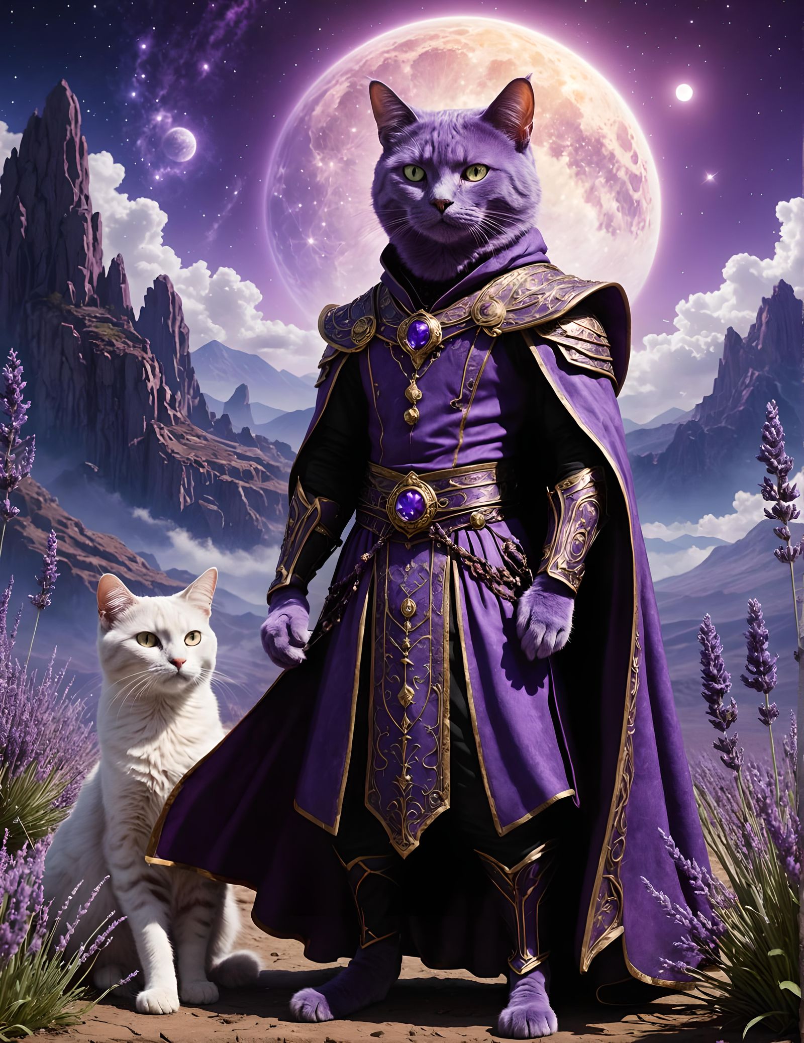 Lavender-Skinned God and Cat in Cosmic Art