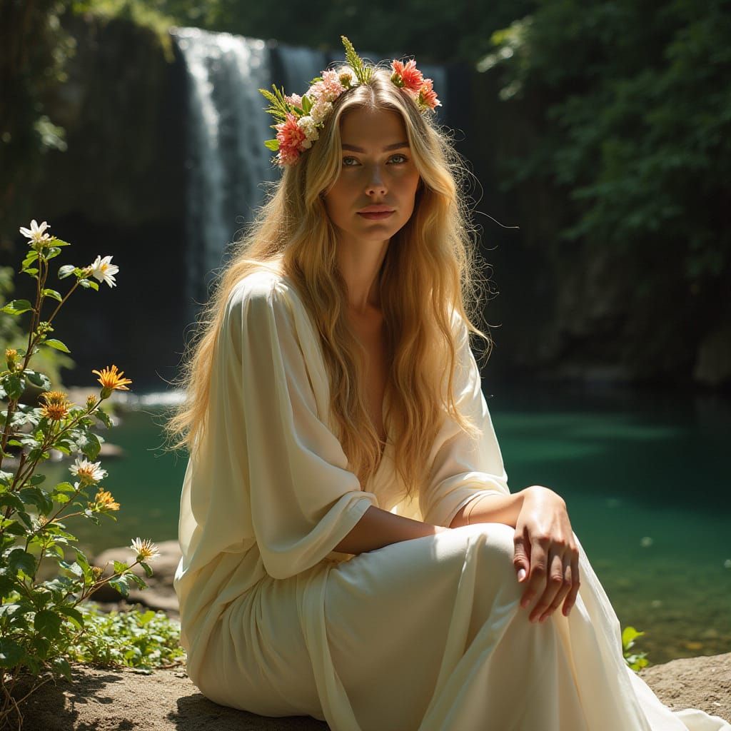 Woman with Flowers by Waterfall in Renaissance Style