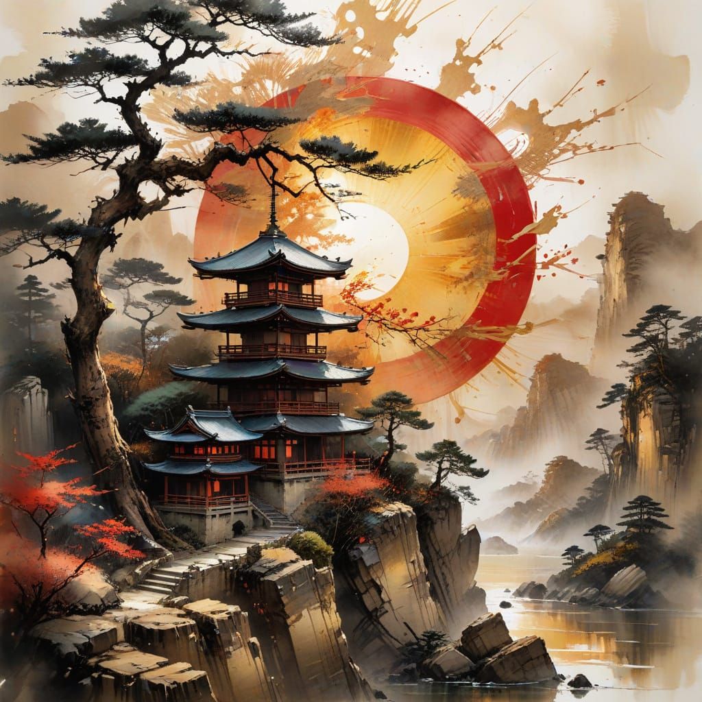 Ancient Japanese Architecture on Cliff in Sumi-e Style