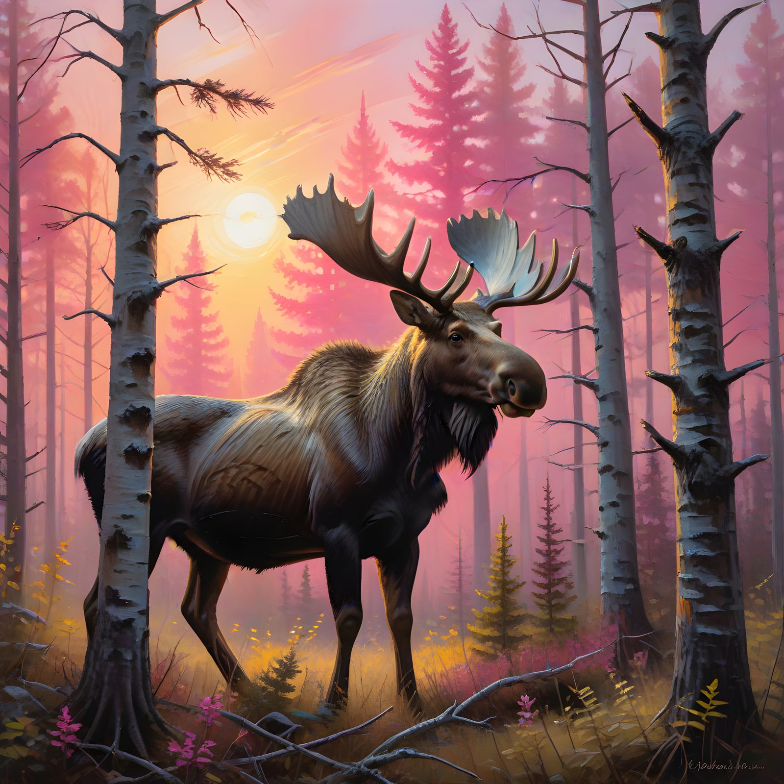 Moose in Dreamy Forest Sunset, Oil Painting on Canvas