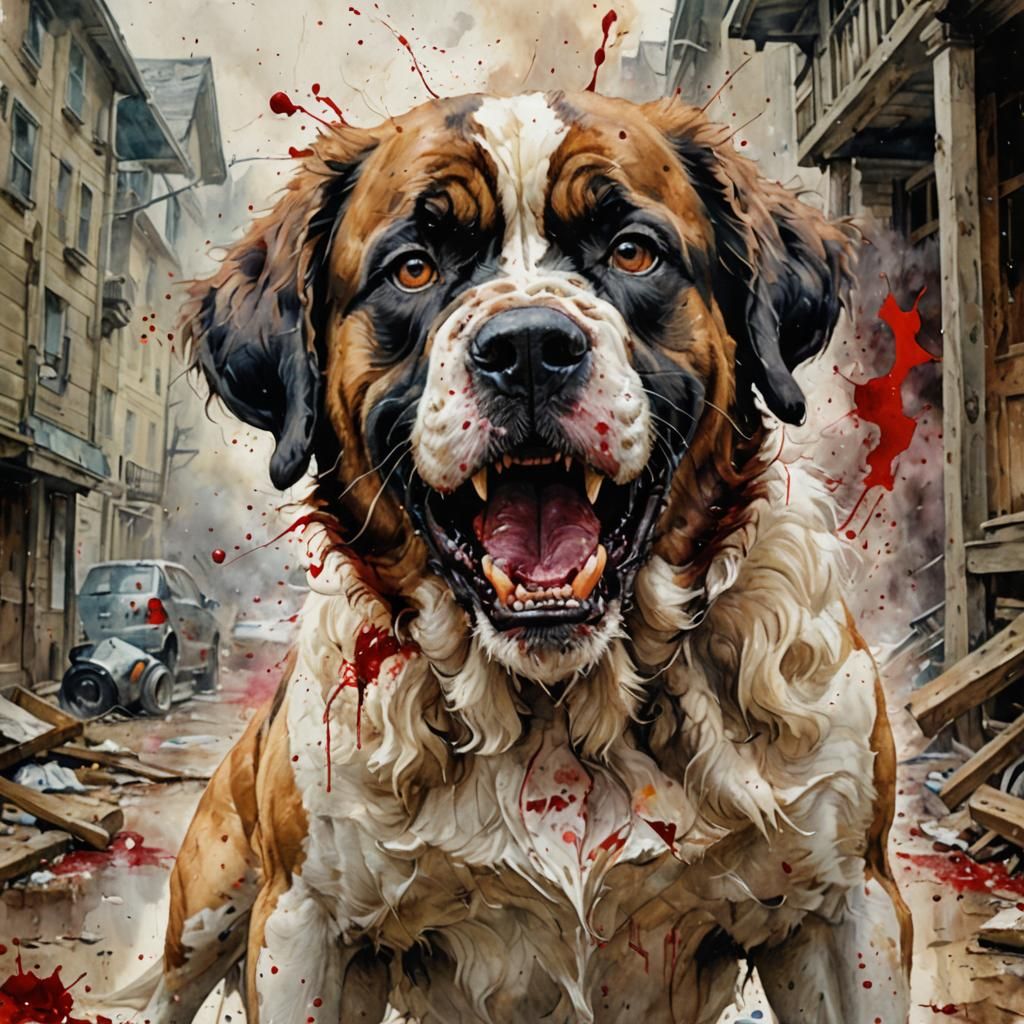 Furious Rabid Saint Bernard Dog Portrait