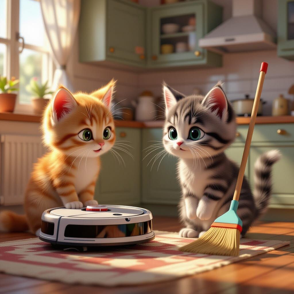 Robot Vacuum and Broom Meet in Cozy Kitchen, 3D Pixar Style