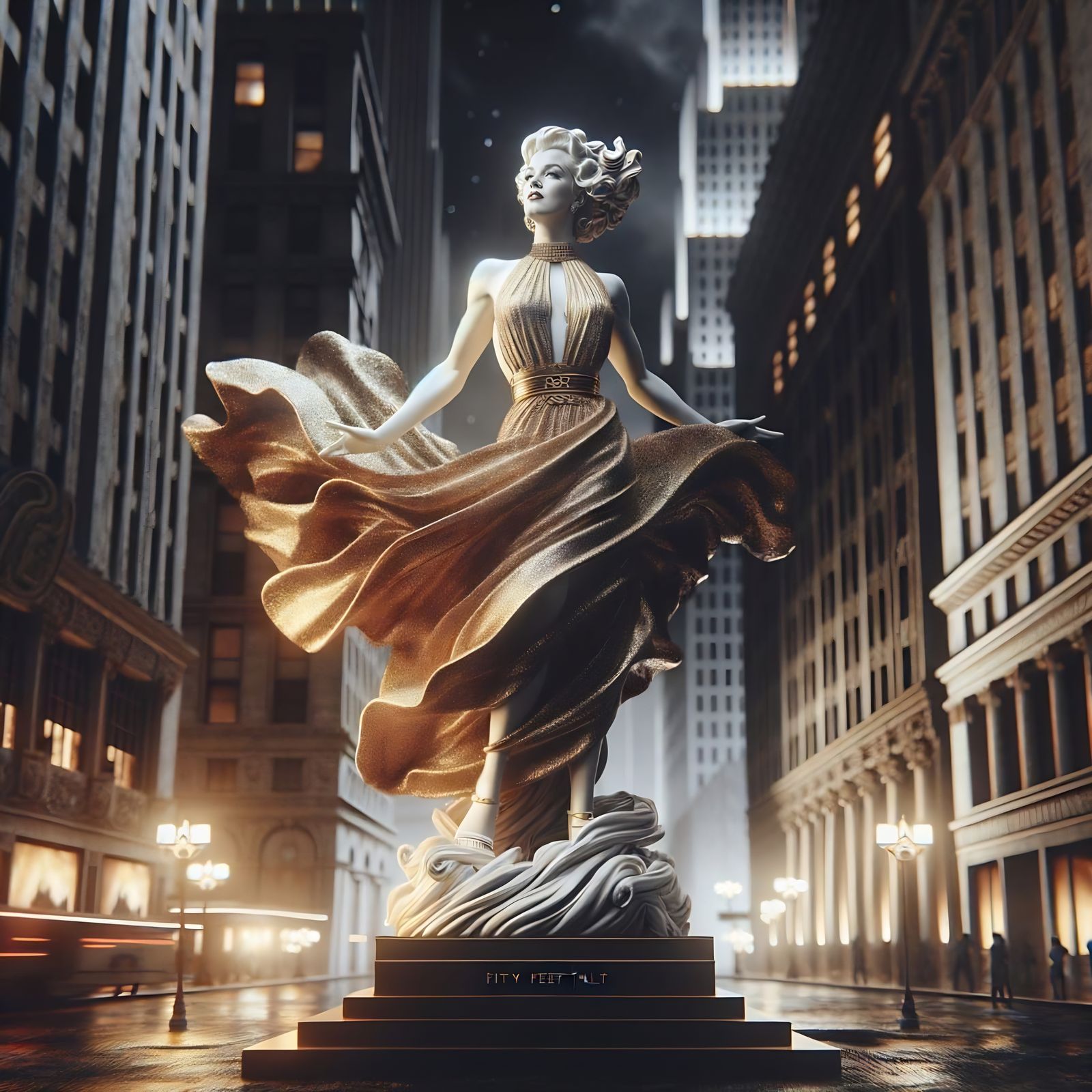 Golden Hollywood Statue of a Classic Movie Star in a Flowing...