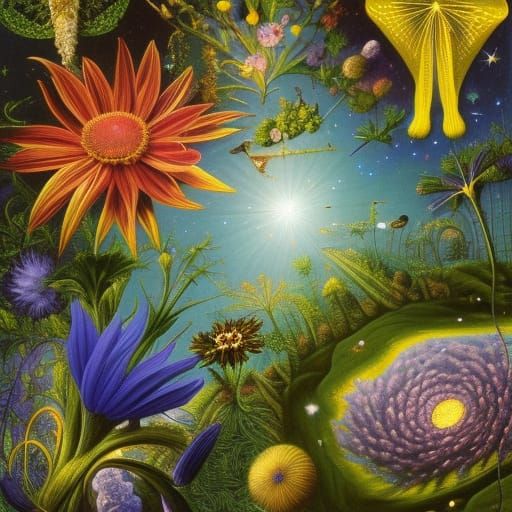 Horses Gaze at Stars in Floral Landscape