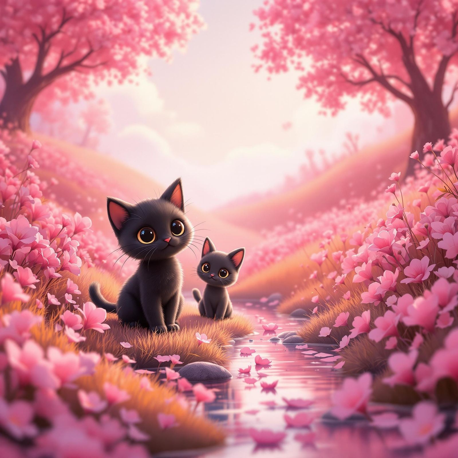 A kawaii digital illustration with pink gradient backgrounds blending pink with yellow lighting

two adorable animated b...