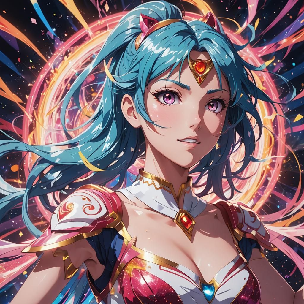 Magical Girl's Anime Transformation in Vibrant Style