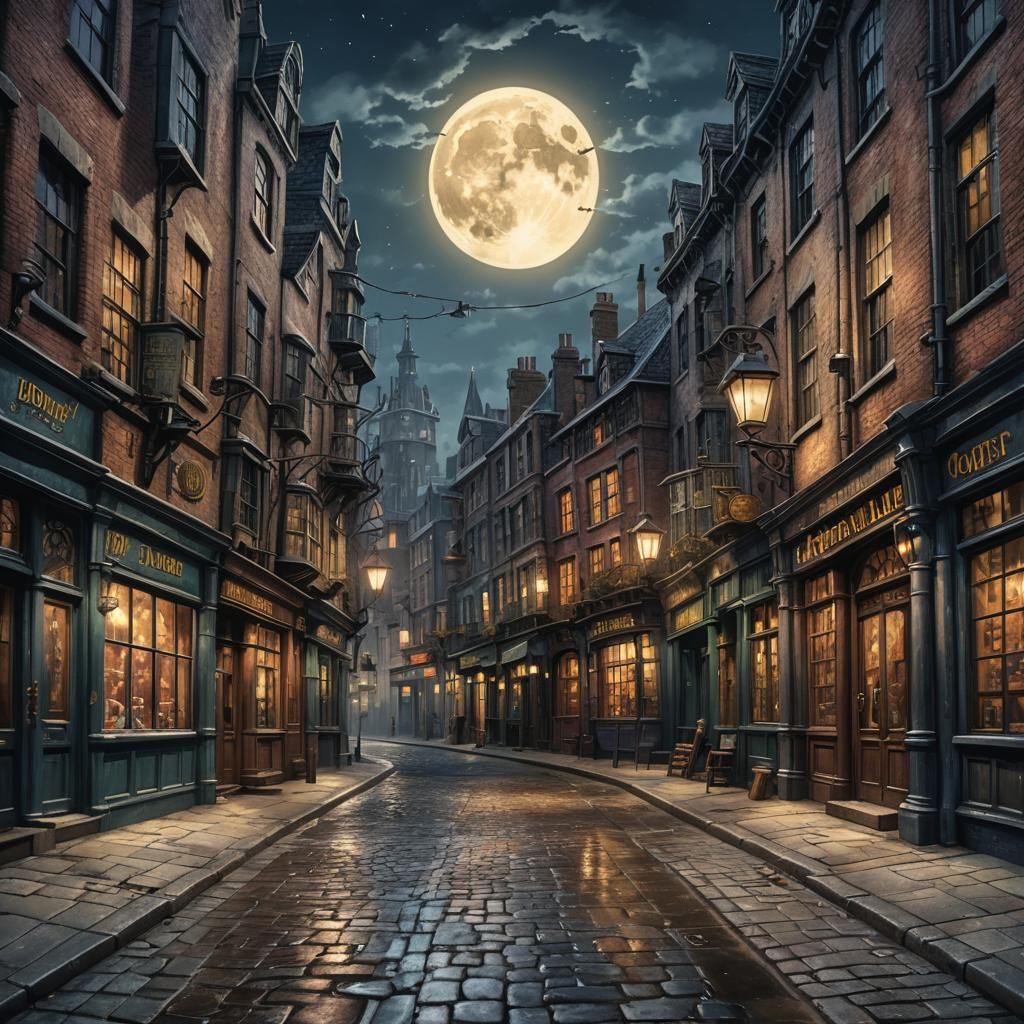 Diagon Alley store front street view old and dirty street lights full moon creachers