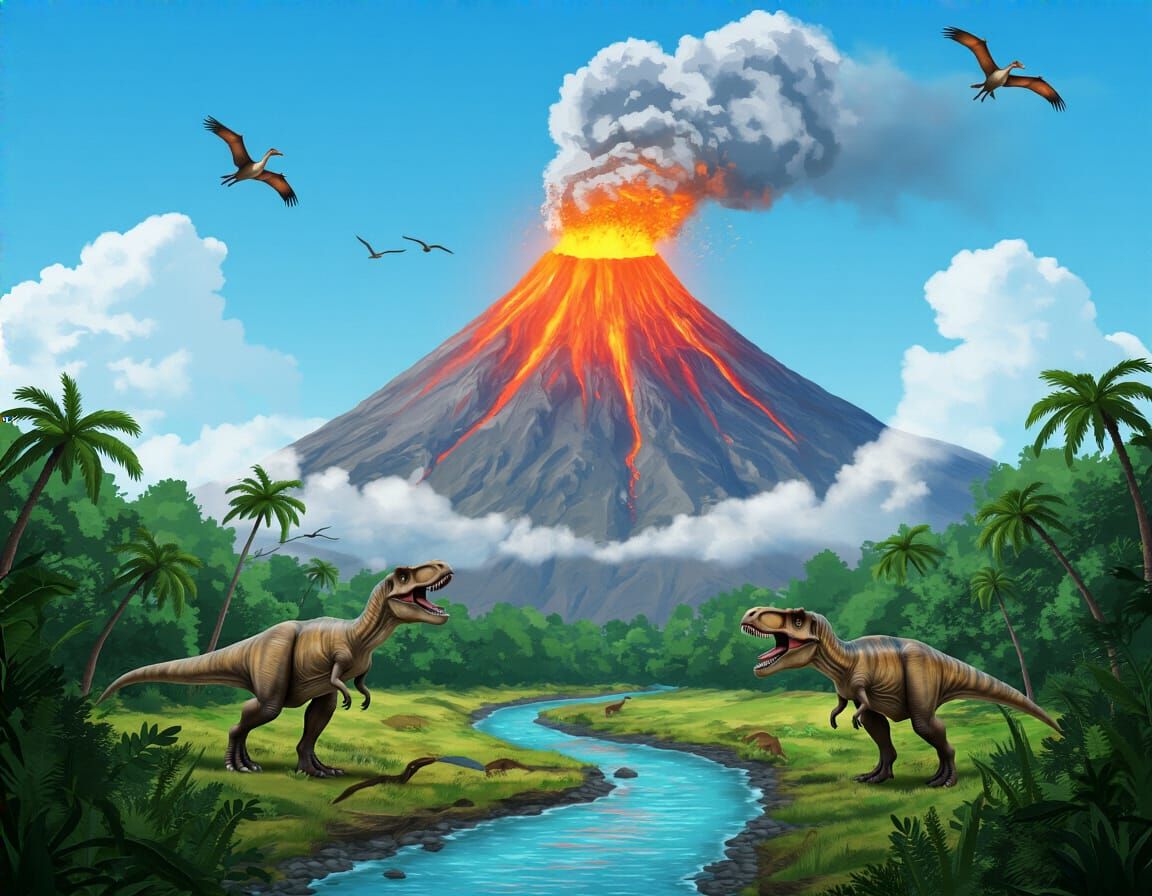 Jurassic Period Landscape with Dinosaurs and Volcano