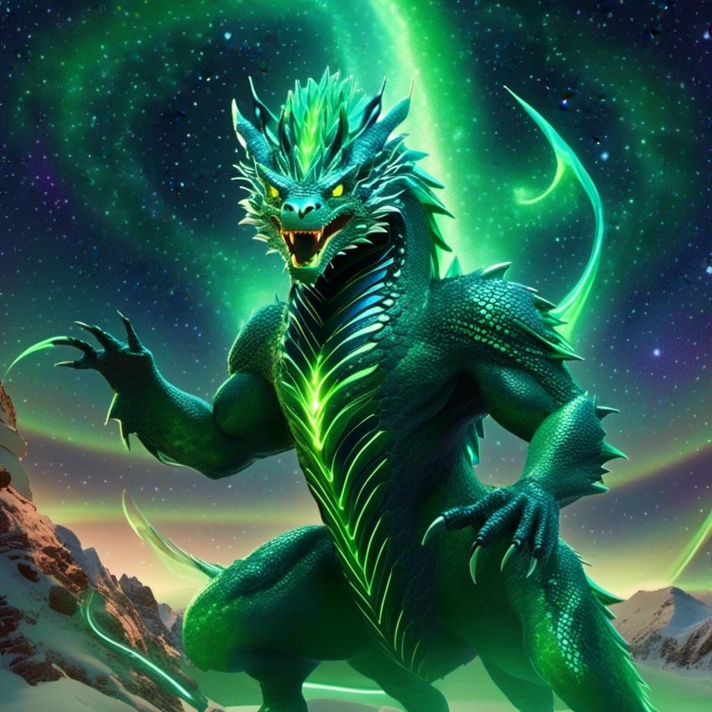 Happy Oriental Dragon with Glowing Runes in Galaxy