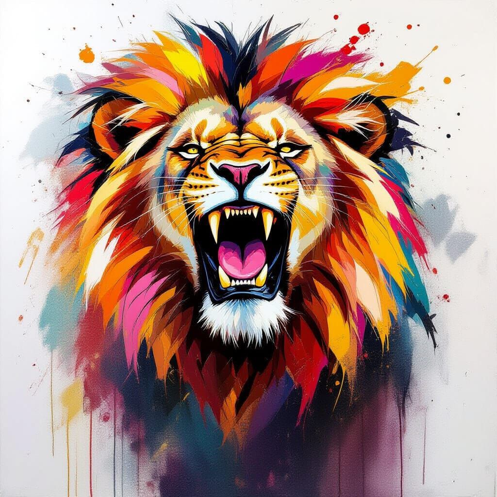 Majestic Lion Roaring in Abstract Expressionist Style