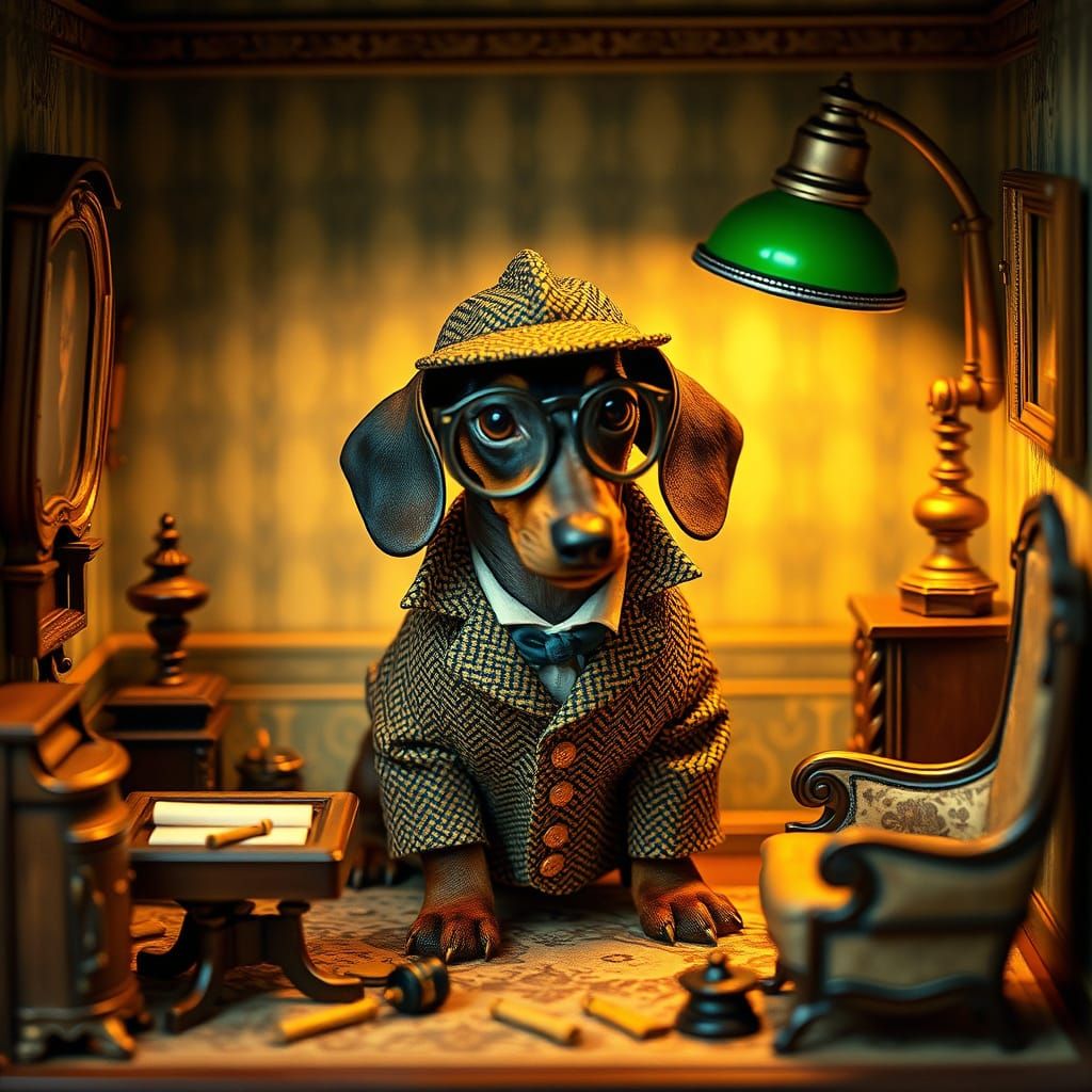 Whimsical Detective in Miniature Victorian Setting