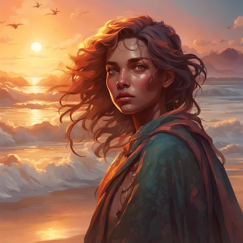 Sunset Beach Portrait in Hyperdetailed Style