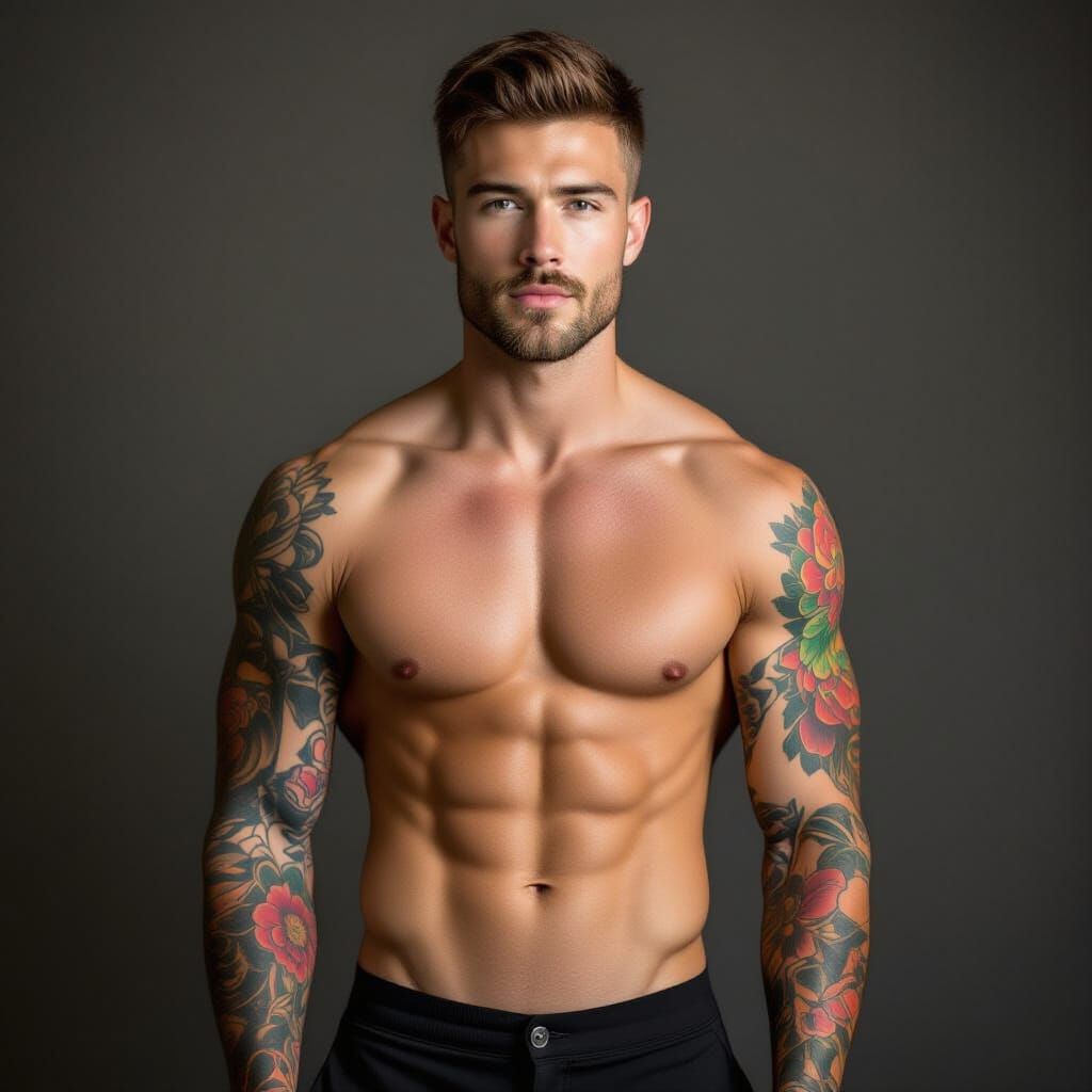 Shirtless Male Model with Tattoos in Moody Lighting