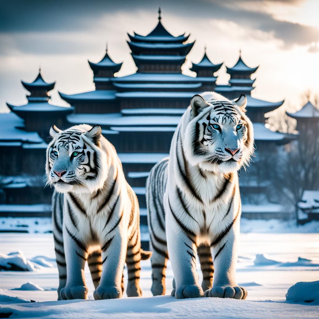 Snow Tigers Guarding the Ice Palace in Edo Woodcut Style