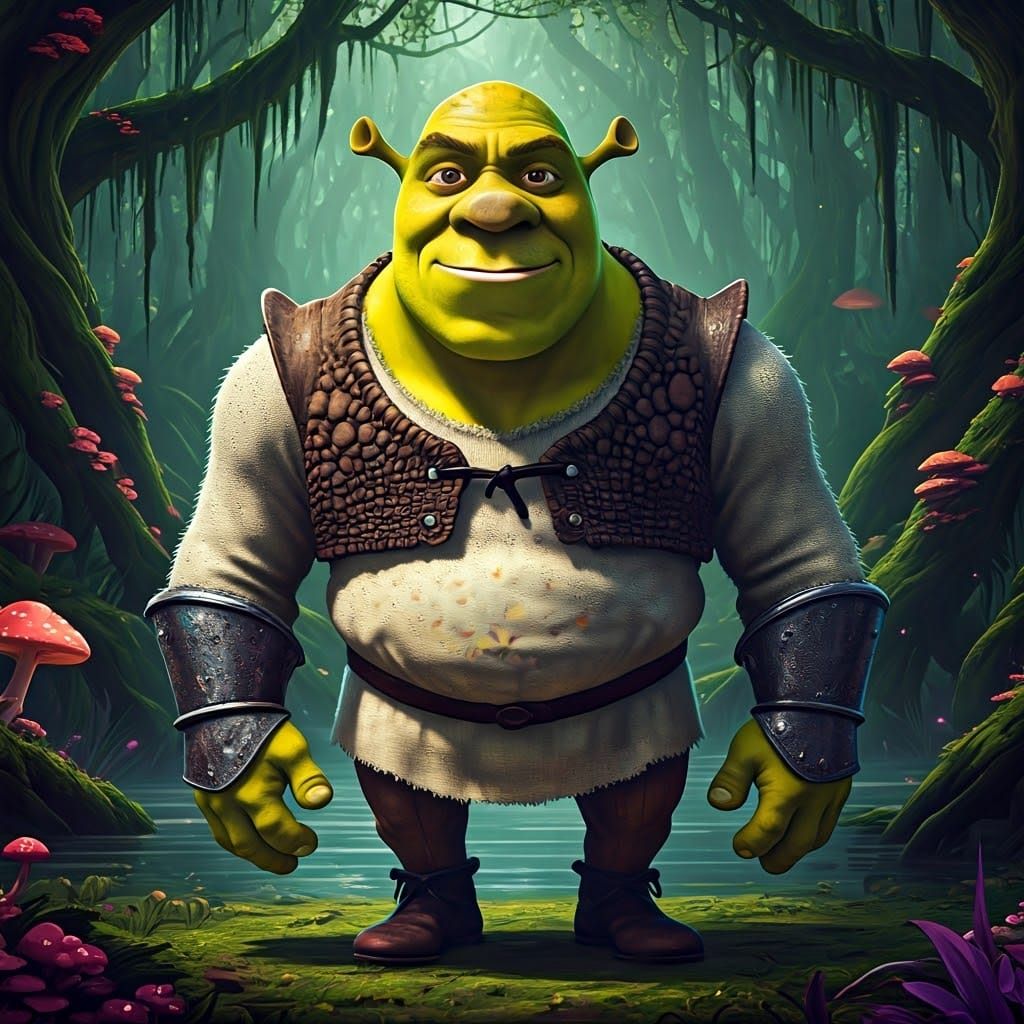 Heroic Shrek-Minion Hybrid in Fantasy Swamp, Matte Painting