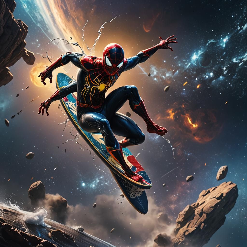 Iron Spider-Man Surfing in Space: Detailed Matte Painting