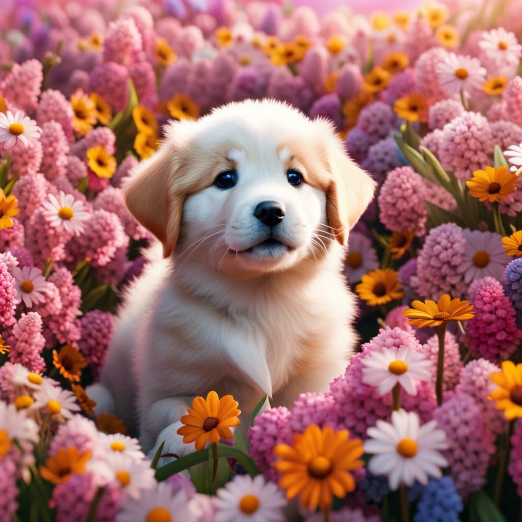 Adorable Puppy Covered in Flowers: 8K Resolution