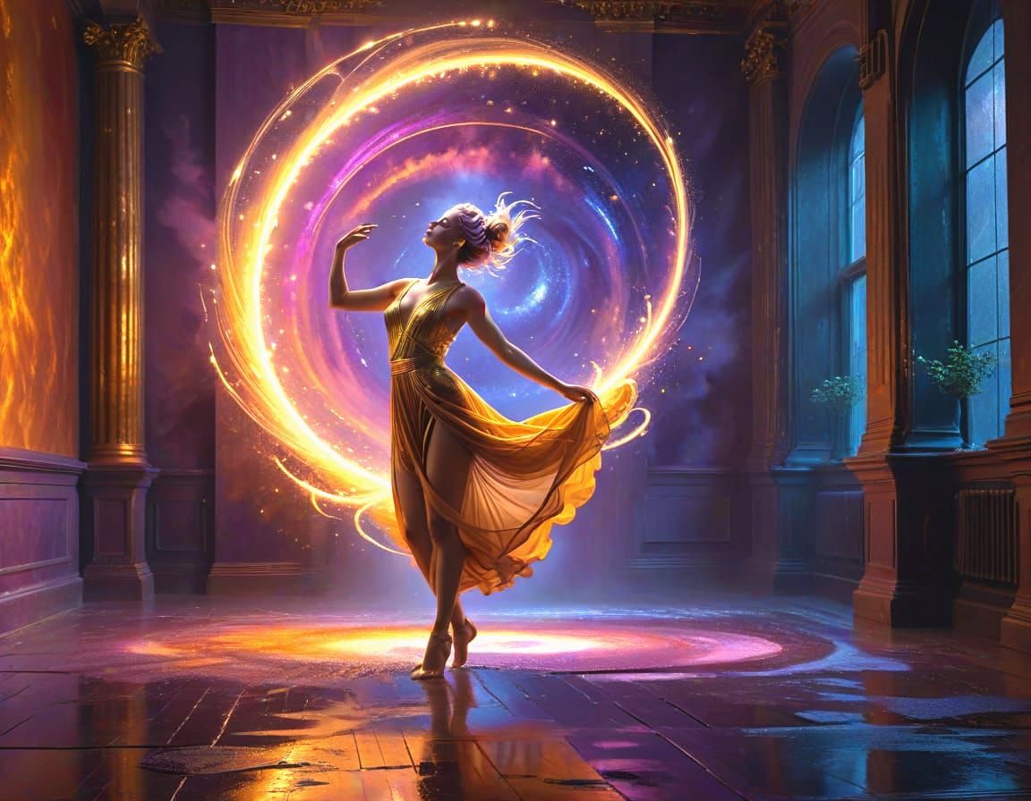 Ethereal Dancer Honors Apollo in Cosmic Hall