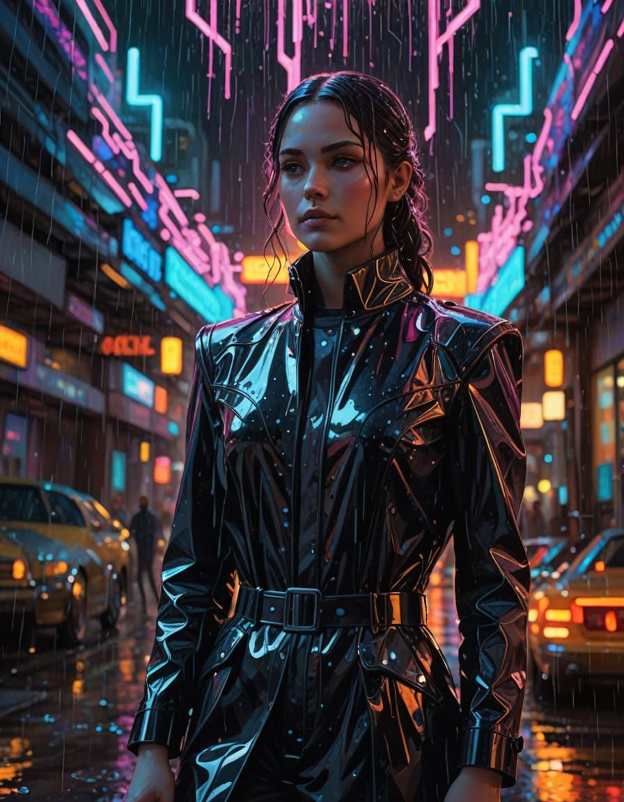Mystical Being in Neon Rainstorm Scene