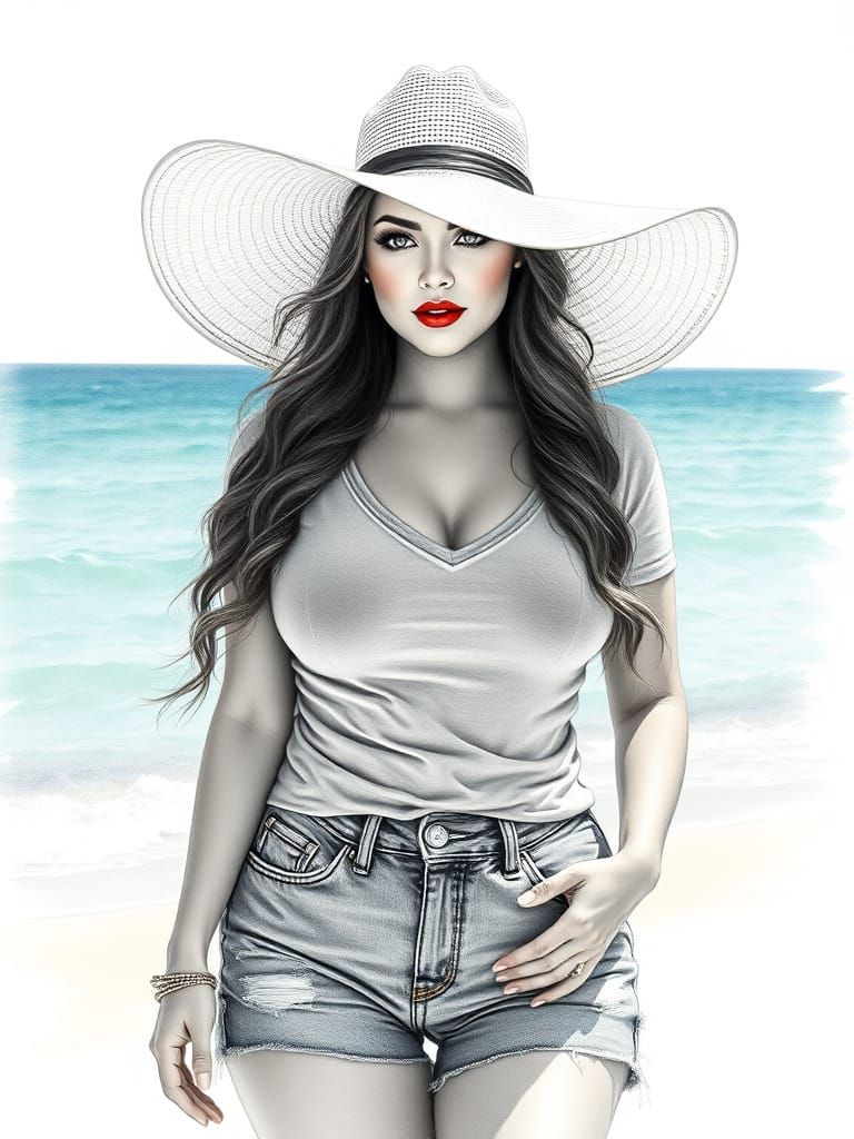 Voluptuous Woman on Beach in Hyperdetailed Charcoal Drawing