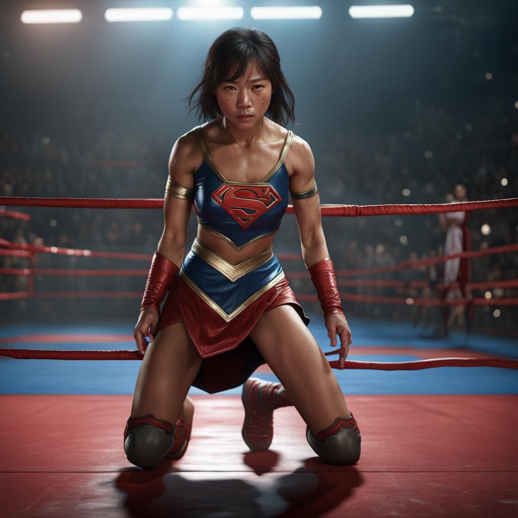 Defeated Supergirl in Wrestling Ring: Detailed Matte Paintin...