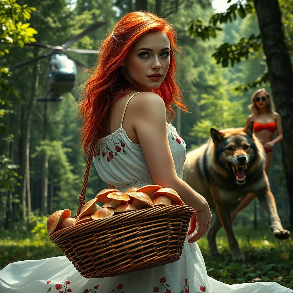 Surreal Forest Encounter: Woman, Wolf, and Helicopter
