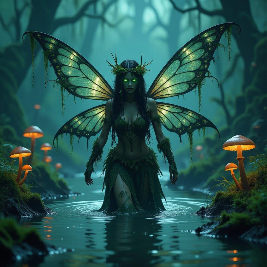 Mossy Swamp Fairy Emerges from Bioluminescent Bog