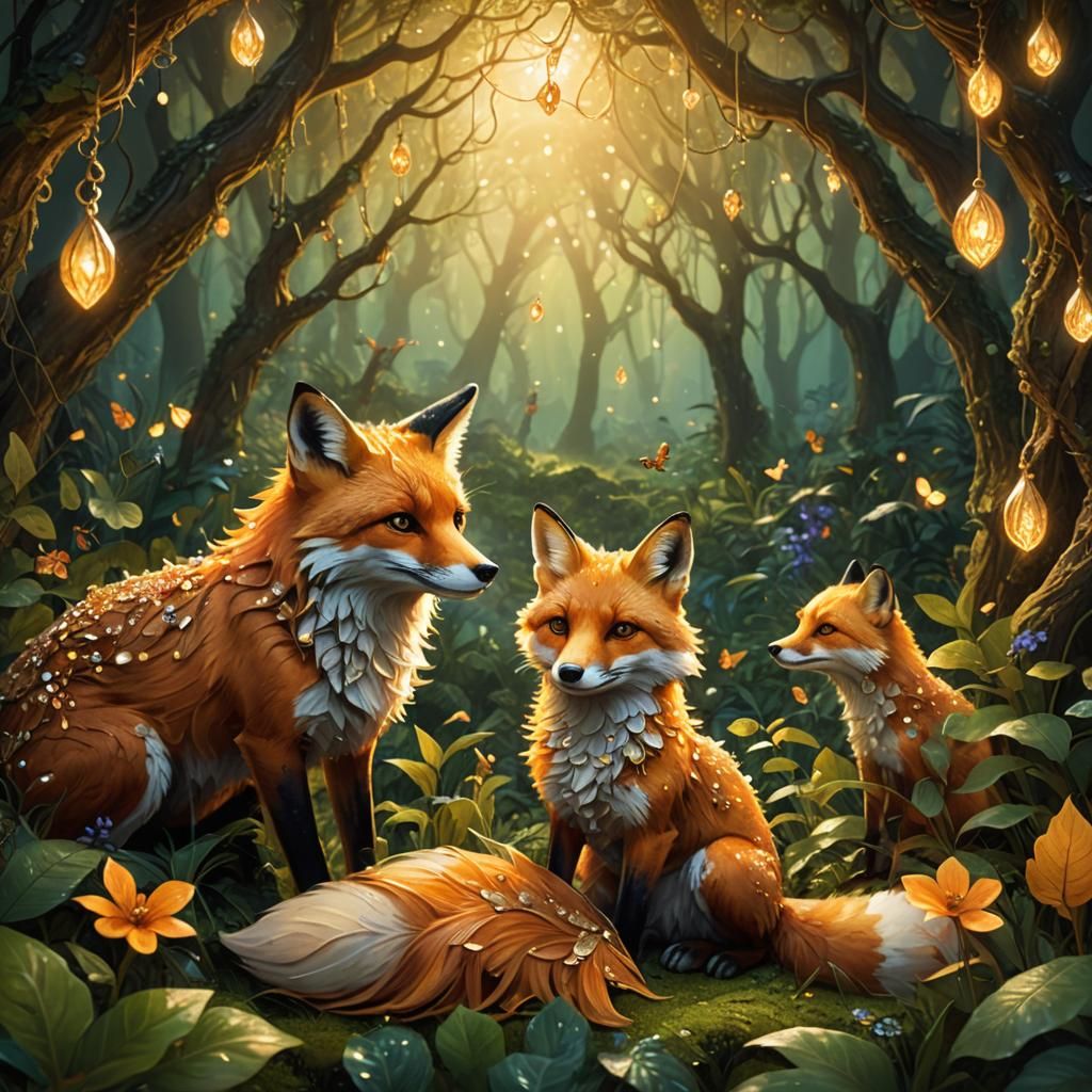 Mother Fox and Baby Play in Forest, Matte Painting