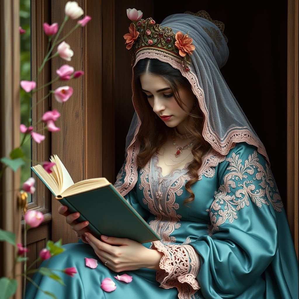Earthy Court Lady Reading in Garden Nook