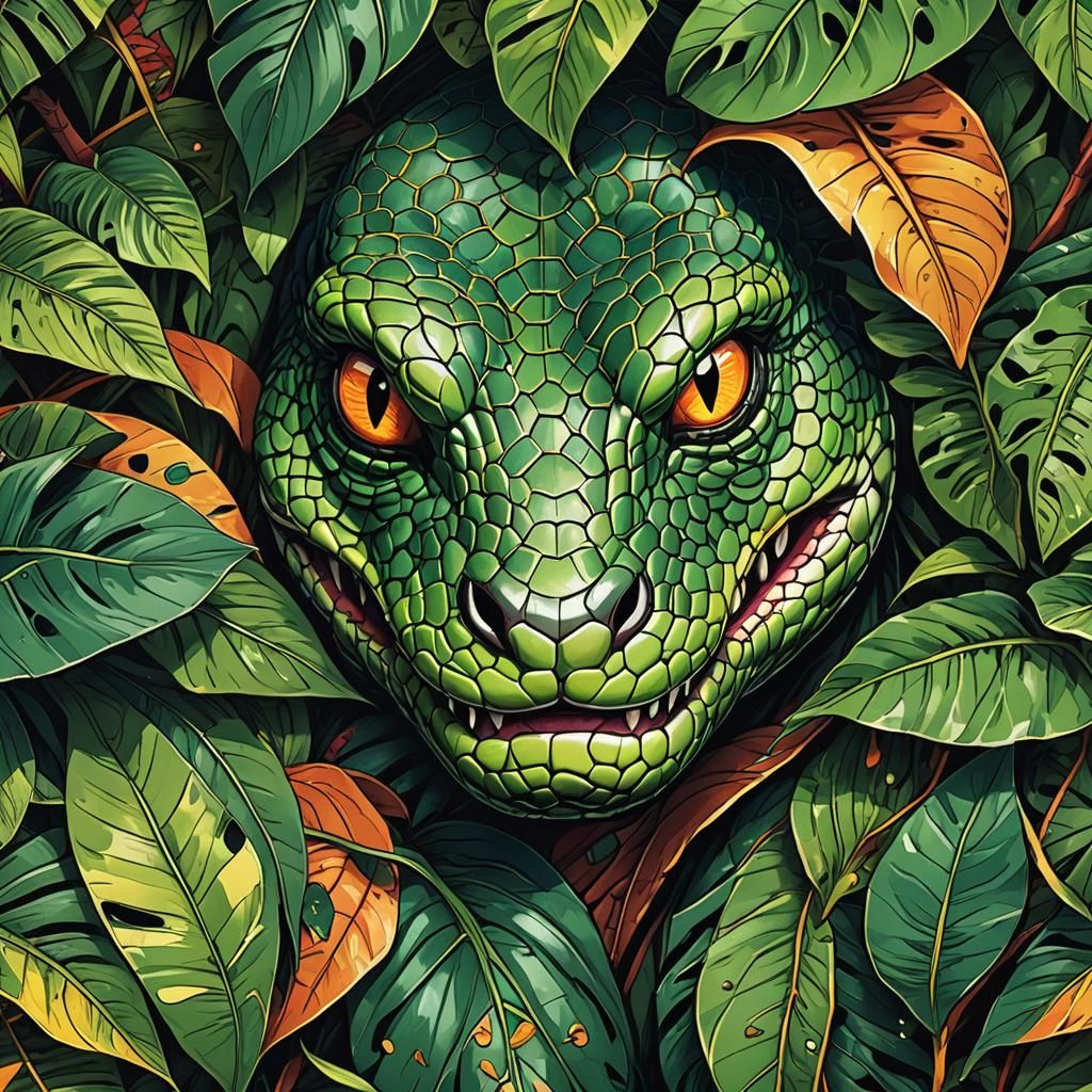 Vibrant Cartoon Snake in Tropical Leaves